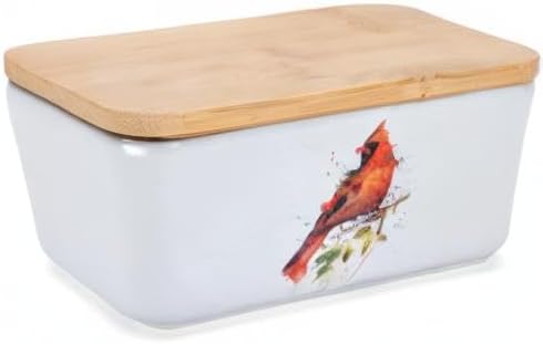 Nat & Jules Dean Crouser Ceramic Stoneware 1/2 Pound, 2 Sticks Butter Dish Airtight Bamboo Lid, Kitchen Accessory, Container Holder, Refrigerator Storage, Countertop Organization, Watercolor Cardinal
