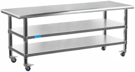 AmGood Stainless Steel Work Table with 2 Shelves and Casters | Metal Utility Table On Wheels (Stainless Steel Work Table with 2 Shelves + Casters, 60" Long x 24" Deep)