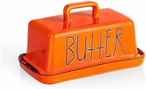 Sweejar Ceramic Butter Dish with Handle Lid, 7.3 Inch Porcelain Large Butter Keeper with Cover, Perfect for East/West Butter (Orange)