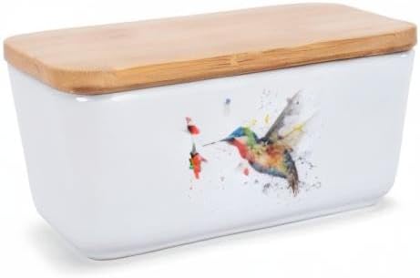 Nat & Jules Dean Crouser Ceramic Stoneware 1/2 Pound 2 Sticks Butter Dish Airtight Bamboo Lid Kitchen Accessory, Container Holder, Refrigerator Storage, Countertop Organization, Watercolor Hummingbird