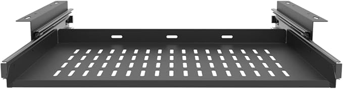 JINGCHENGMEI Sliding Under Desk Laptop Mount Shelf with Air Vents, W 16.3" x D 12" Metal Under Desk Slide Out Tray for Laptop (16 Inch Wide)