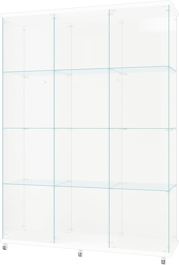 Beauty4U Glass Display Cabinet with 12 Shelves, Extra Large 3 Columns 2 Doors Curio Cabinets for Living Room, Bedroom, Office, White Floor Standing DIY Glass Bookshelf, Quick Installation