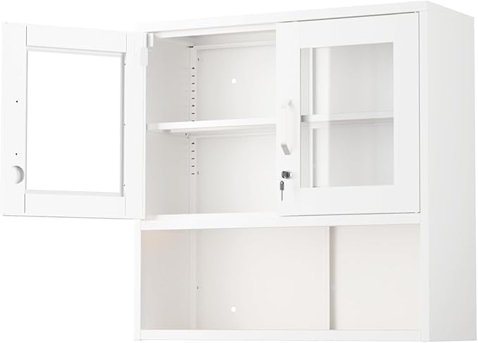 VINGLI Metal Wall Cabinet with Locking Glass Doors, Adjustable Shelf, Wall Mounted Storage Display Cabinets for Garage, Kitchen, Home Office, Warehouse, Living Room, White