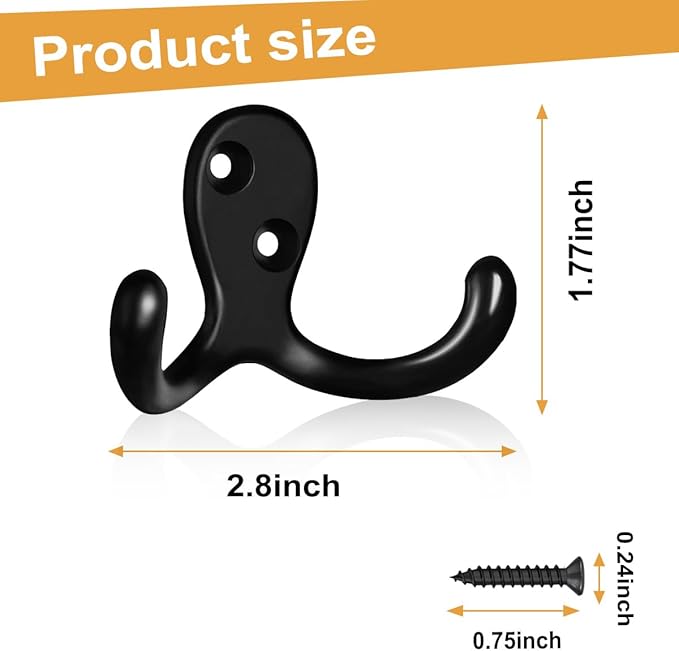 20 Pack Coat Hooks Wall Hooks for Hanging, Heavy Duty Double Prong Metal Hook Wall Mounted for Living Room, Bathroom, Kitchen, Bedroom for Coat, Bag, Scarf, Towel, Hat, Key, Cup (Black)