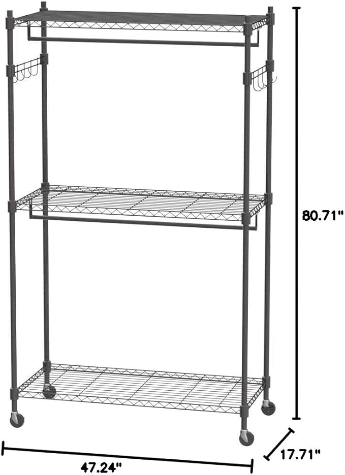 BATHWA Heavy Duty Garment Rack on Wheels, Rolling Clothes Racks for Hanging Storage, Simple Sturdy Metal Wardrobe Closet with Double Rods, 8 Side Hangers, 3 Shelves, Black