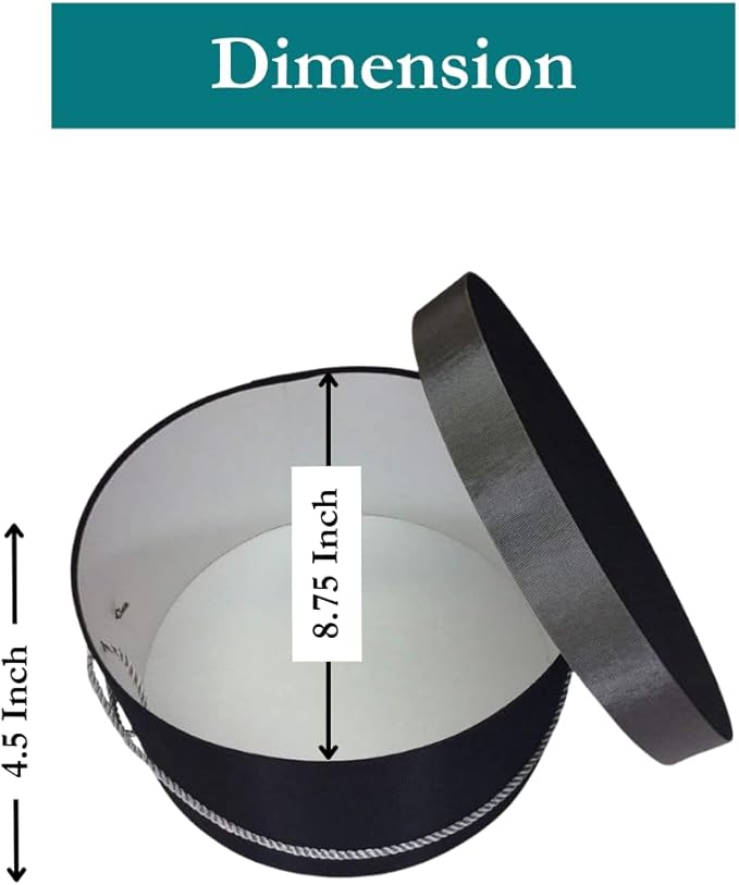 Sarah's Hat Boxes Classic Black/Gray Hat Box โ 8.75" x 4.5" (Dia. x Ht.) Handmade in USA โ Odorless Non-Toxic Adhesive, Cording Handle โ Premium Storage for Hats & Accessories