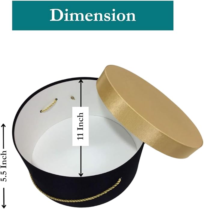 Sarah's Hat Boxes Classic Black/Gold Hat Box โ 11" x 5.5" (Dia. x Ht.) Handmade in USA โ Odorless Non-Toxic Adhesive, Cording Handle โ Premium Storage for Hats & Accessories