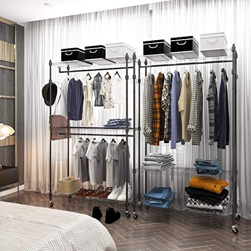 Heavy Duty Clothes Rack, Adjustable Rolling Garment Rack with Shelves, Freestanding Wardrobe Rack 1 Clothes Hanging Bar, 3 tired Wire Shelving, 4 Hanger Hooks - Hold Up to 400Lbs (Gray, 1Rod 4Hook)
