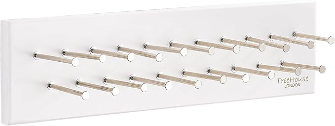 TreeHouse London Tie Rack Organizer – Holds 40 Large Ties – Solid Wood & Sturdy Metal Storage Holder for Closet – Wall Mounted Tie Display Hanger for Wall, Bedroom (White) 16''L x 4.25''H