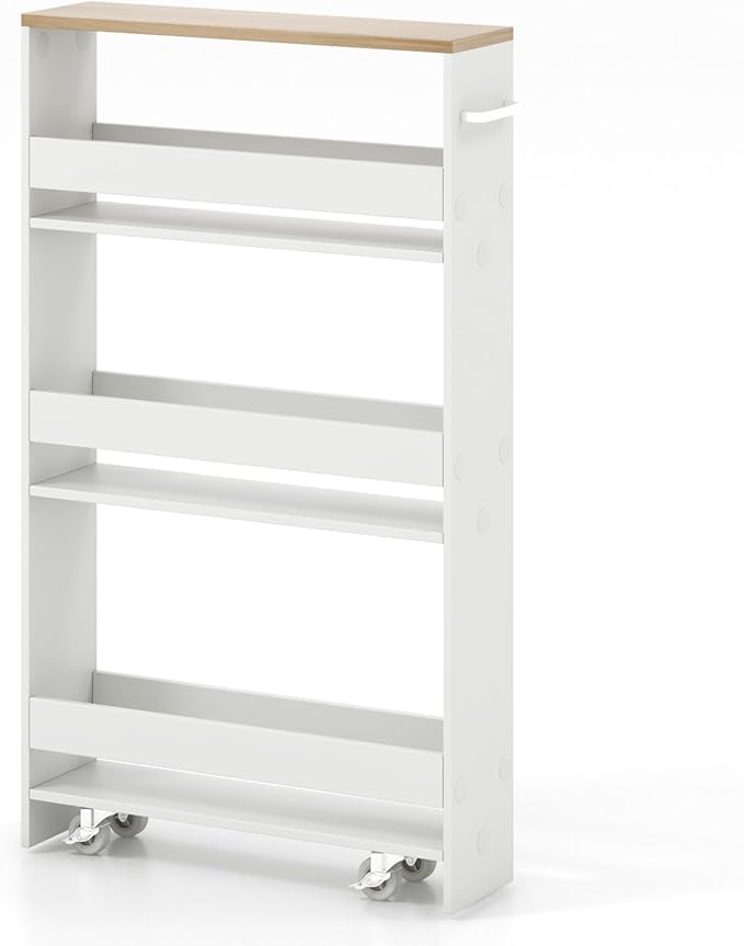 Giantex Slim Storage Cart 4 Tier, Rolling Side Cabinet w/Handle, Space Saving, Kitchen Utility Cart Tower Rack for Laundry Narrow Places (White & Brown)