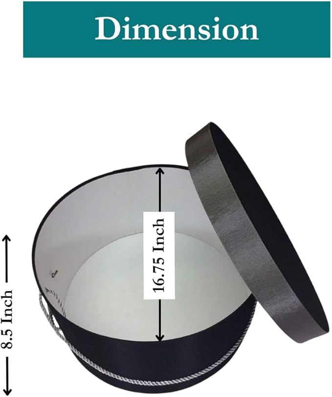 Sarah's Hat Boxes Classic Black/Gray Hat Box โ 16.75" x 8.5" (Dia. x Ht.) Handmade in USA โ Odorless Non-Toxic Adhesive, Cording Handle โ Premium Storage for Hats & Accessories