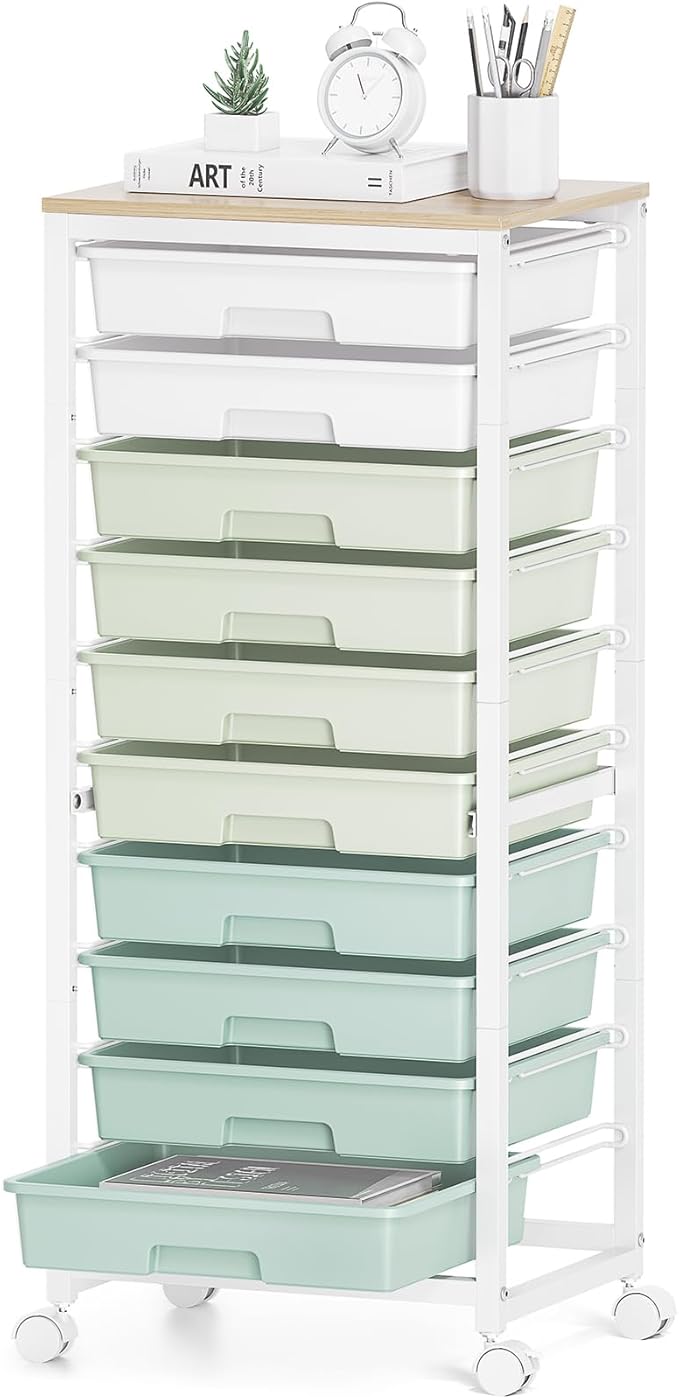 Rolling Cart with Drawers,10 Drawer Rolling Cart,Storage Cart,Utility Cart,Teacher Cart for Classroom Storage,Craft Cart with Wheels and Wooden Tabletop,Green