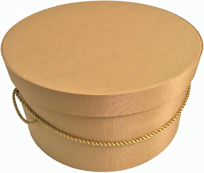 Sarah's Hat Boxes Classic Gold Hat Box โ 12.75" x 6.5" (Dia. x Ht.) Handmade in USA โ Odorless Non-Toxic Adhesive, Cording Handle โ Premium Storage for Hats & Accessories