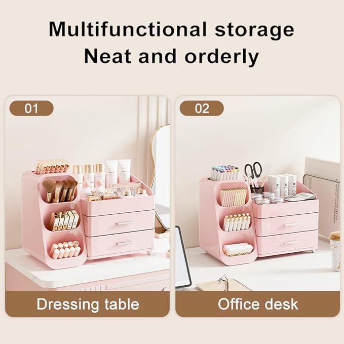 Makeup Organizer with Drawers,Large Capacity Countertop Organizer for Vanity,Bathroom and Bedroom Desk Cosmetics Organizer,Easy To Storage Skincare,Brushes,Lotions,Lipstick (All Pink)
