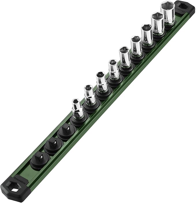 WORKPRO Magnetic Socket Organizer, 1/4-Inch Drive Aluminum Alloy Socket Rail, Heavy Duty Socket Holder, Socket Rack Kit 1/4-Inch x 12 Clips Green (Socket not Included)