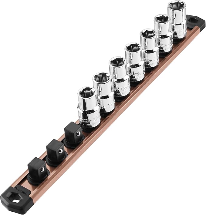 WORKPRO Magnetic Socket Organizer, 1/2-Inch Drive Aluminum Alloy Socket Rail, Heavy Duty Socket Holder, Socket Rack Kit 1/2-Inch x 10 Clips Champagne (Socket not Included)