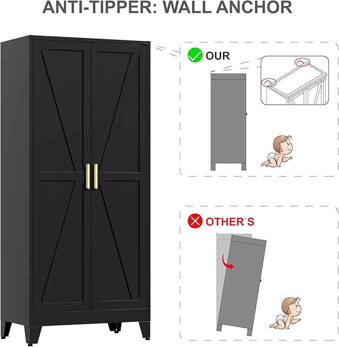 71" Tall Metal Wardrobe Closet with Adjustable Shelves and Hanging Rod, 2 Doors Office Storage Locker Cabinet for Home, Office, Bedroom, Laundry Room, Black