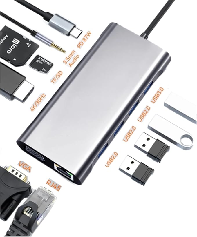 USB C Laptop Docking Station 11 in 1 Type-C Hub with HDMI,Ethernet,4 USB,VGA,SD TF Card Reader,Audio,PD Compatible with iPhone16/MacBook/Dell/Surface/HP/Lenovo and Other Type C Laptops