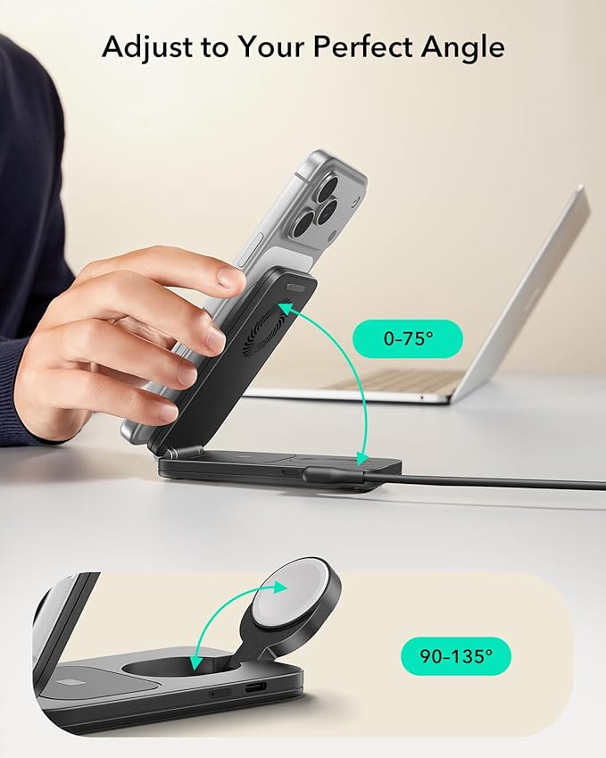 ESR 3 in 1 Charging Station for Apple, Qi2.2 25W MagSafe Charger with CryoBoost, Phone-Cooling Wireless Charging Station Foldable, for iPhone 17/16 with iOS 26(50W Adapter), AirPods, Apple Watch,Black