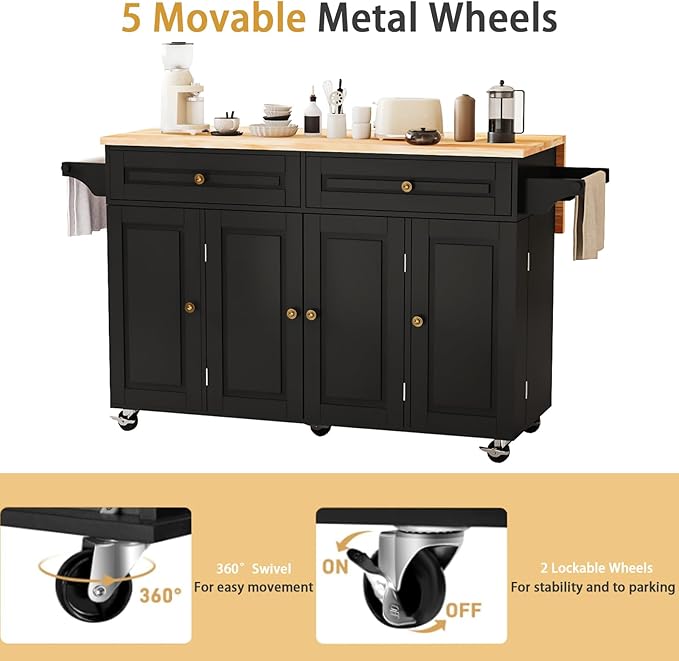59’’ Rolling Kitchen Island Cart with Drop Leaf and Power Outlet, Movable Kitchen Islands with 3-Tier Door Storage Shelf, Island Table on Wheels, 2 Large Drawers, Towel Racks, Black