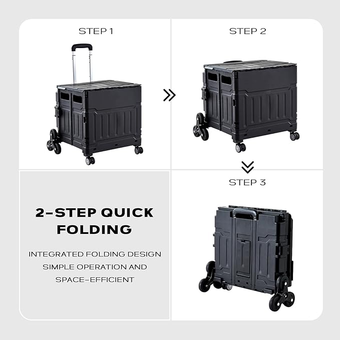 Utility Cart Teacher Cart with Stair Climbing Wheels Foldable Shopping Cart, with Telescopic Handle, Ideal for Outdoor Home Use and Teacher/Student Book Storage. (Black, Large)