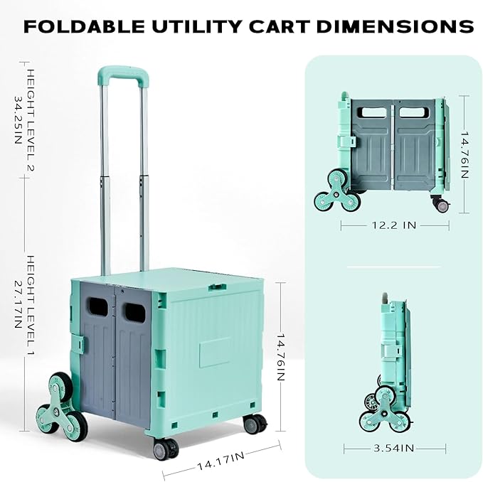 Utility Cart Foldable Shopping Cart Book Storage Cart, with Stair Climbing Wheels and Telescopic Handle, Ideal for Outdoor Home Use and Teacher/Student Book Storage. (Green, Small)