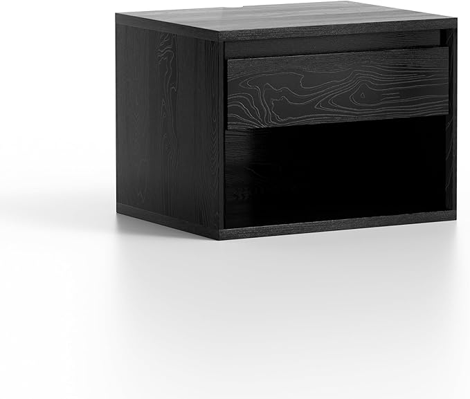 Mid Century Modern Floating Nightstand, Wall Mounted End Table with Drawer and Open Compartment Wooden Bedside Night Stand Small Storage Cabinet for Bedroom, Black