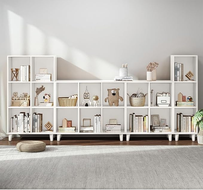 IOTXY Open Cube Low Bookcase - 3-Tier Freestanding Storage Display Cabinet Organizer with Legs for Home Office, 11-Cubes Open Shelf Short Bookshelf, White