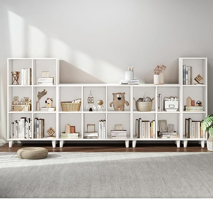 IOTXY Open Cube Low Bookcase - 3-Tier Freestanding Storage Display Cabinet Organizer with Legs for Home Office, 7-Cubes Open Shelf Short Bookshelf, White
