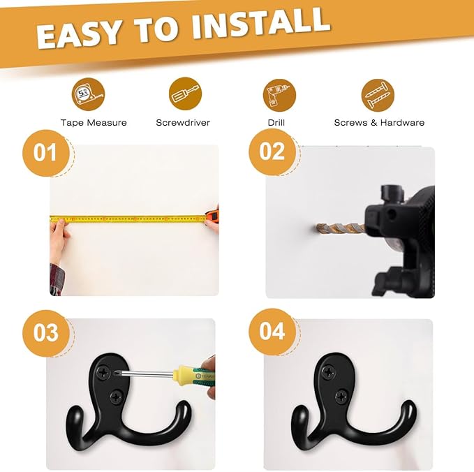 25 Pack Coat Hooks Wall Hooks for Hanging, Heavy Duty Double Prong Metal Hook Wall Mounted for Living Room, Bathroom, Kitchen, Bedroom for Coat, Bag, Scarf, Towel, Hat, Key, Cup (Black)