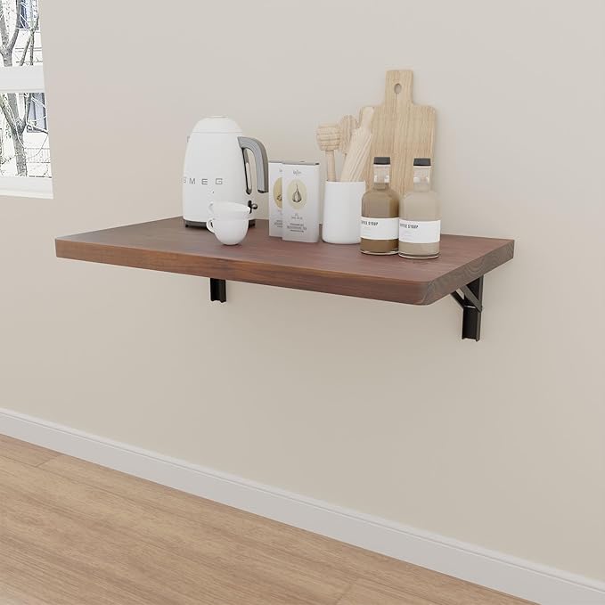 IAE Wall Mounted Folding Table with Pine Wood,24" x 14" Floating Wall Desk,Laundry Folding Table with Shelf Brackets,Fold Down Desk Shelf,Folding Workbench for Home,Dining,Laundry Room,Kitchen,Brown