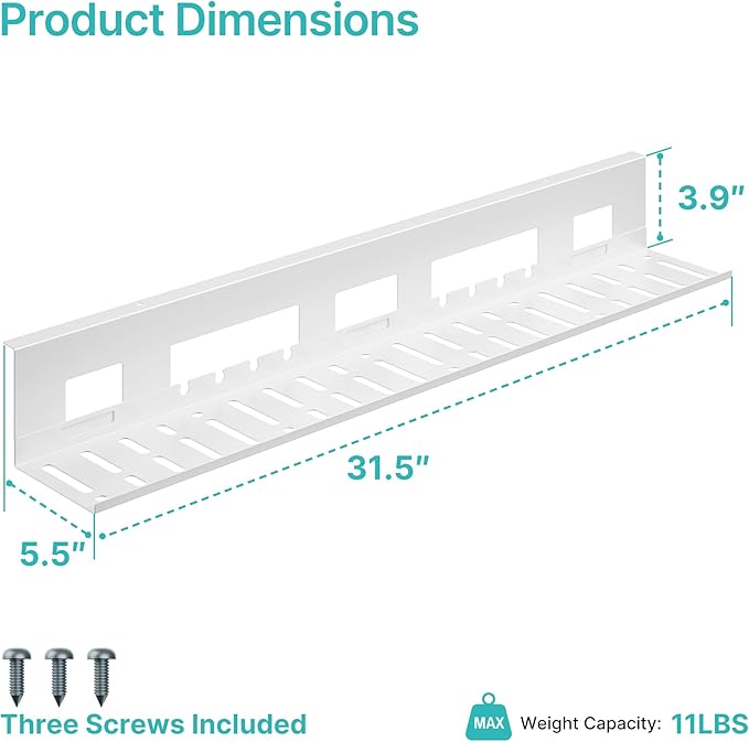 Under Desk Cable Management Tray, 31.5 Inches Metal Cord Organizer Rack, Desk Tray for Power Strip, Cord, Wire, Easy Mounting Cable Management Under Table for Home Office, White