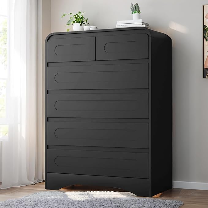 Tall Dressers for Bedroom, 6 Drawers Dresser & Chest of Drawers with Pre-Installed Slides&Curved Profile Design, Modern Closet Storage Wood Dressers Organizer for Living Room Hallway, Black