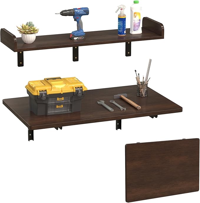 Nisorpa 2 Layers Wall Mounted Folding Table, 32" x 18" Foldable Work Table with Shelf Heavy Duty Fold Down Desk Space Saving Foldable Workbench for Home Office Laundry Kitchen Workshop, Garage