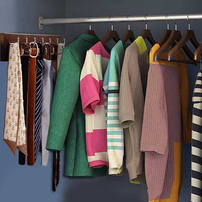 Treehouse Belt Organizer Rack, Holds Over 28 Large Belts, Sturdy Metal & Sturdy Wood Storage Holder for Closet, Versatile, Wall Mounted Belt & Tie Display Hanger for Bedroom - (Walnut) 4.25''Hx16''L