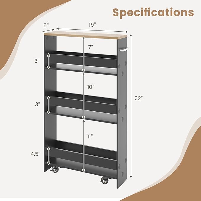 Rolling Storage Cart, 4 Tier Slim Storage Cabinet with 4 Universal Wheels, Convenient Handle, Narrow Laundry Cart for Small Space Bathroom Office