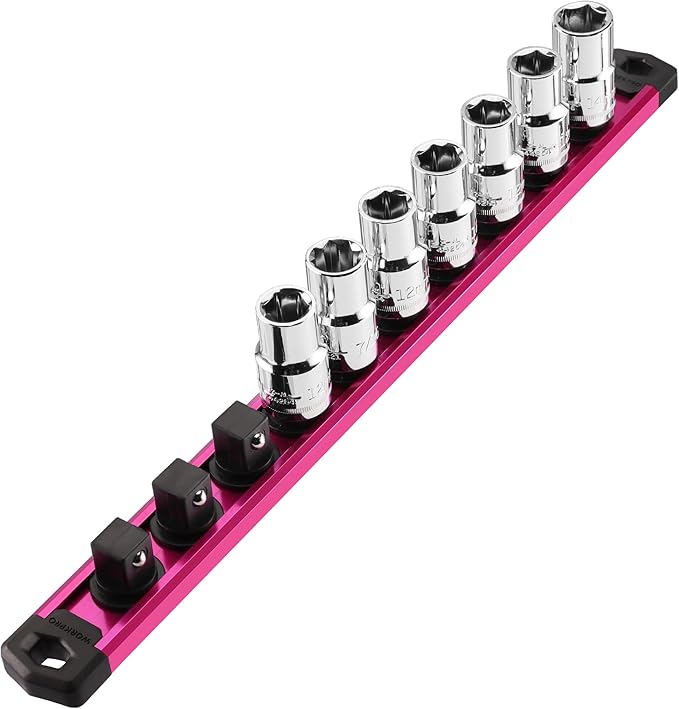 WORKPRO Magnetic Socket Organizer, 1/2-Inch Drive Aluminum Alloy Socket Rail, Heavy Duty Socket Holder, Socket Rack Kit 1/2-Inch x 10 Clips Rose Red(Socket not Included)