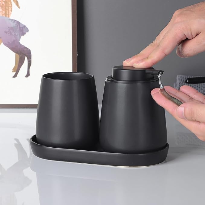 Matte Black Bathroom Accessory Set - 3pcs Ceramic Soap Dispenser Set Vanity Countertop Accessories Set, Includes Refillable Lotion Hand Soap Dispenser, Toothbrush Holder and Tray (Liquid Pump)