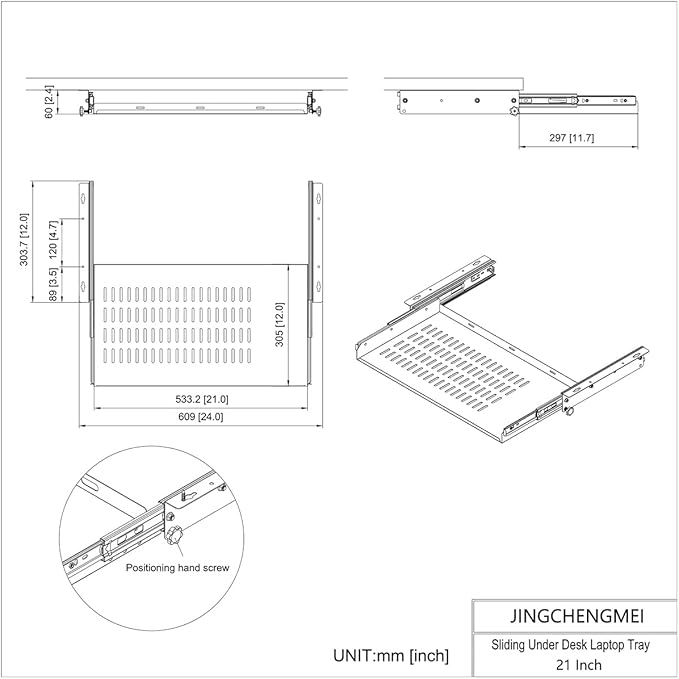 JINGCHENGMEI 21 inch Sliding Under Desk Laptop Mount with Air Vents, Metal Under Desk Slide Out Tray for Laptop (21 Inch)