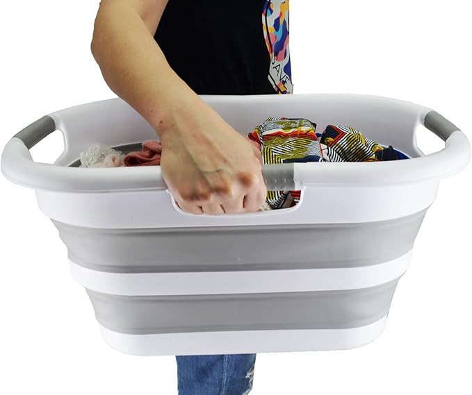 SAMMART 30L (7.9 gallon) Collapsible Plastic Laundry Basket - Foldable Pop Up Storage Container/Organizer - Portable Washing Tub - Space Saving Hamper/Basket (1, White/Grey)