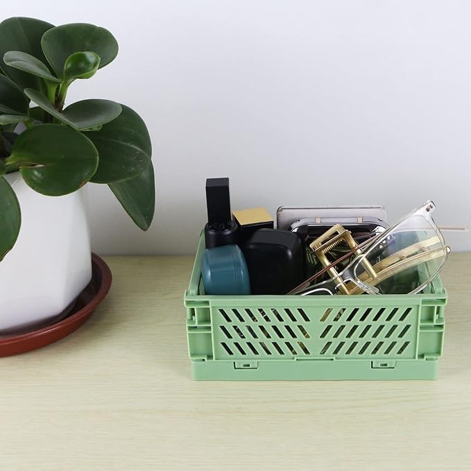 Tixill 2-Pack Mini Foldable Plastic Baskets for Organizing and Storage, Collapsible Storage Crate for Home Kitchen Bedroom Bathroom Office (5.9x3.8x2.2, Green)