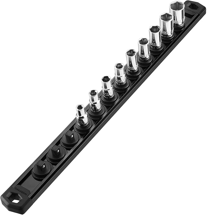 WORKPRO Magnetic Socket Organizer, 1/4-Inch Drive Aluminum Alloy Socket Rail, Heavy Duty Socket Holder, Socket Rack Kit 1/4-Inch x 12 Clips Black (Socket not Included)