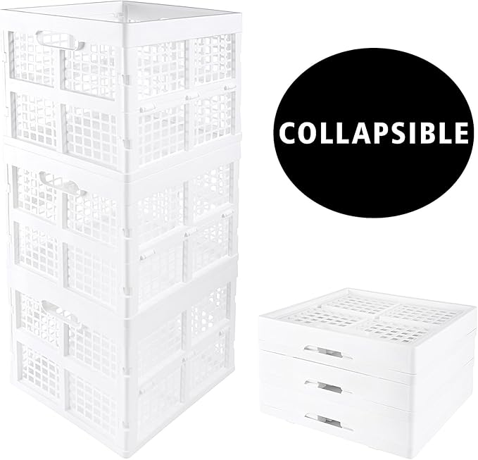 3-Pack Collapsible Plastic Storage Crates,Foldable Crates for Storage,16L (White)