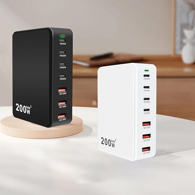 USB C Charger Charging Station 200W 7-Port GaN Fast Charging Block PD 3.0 TypeC and USB A Wall Charger Laptop Power Adapter for All iPhone16/15/14 iPad Samsung Android Pixel Series (Black)