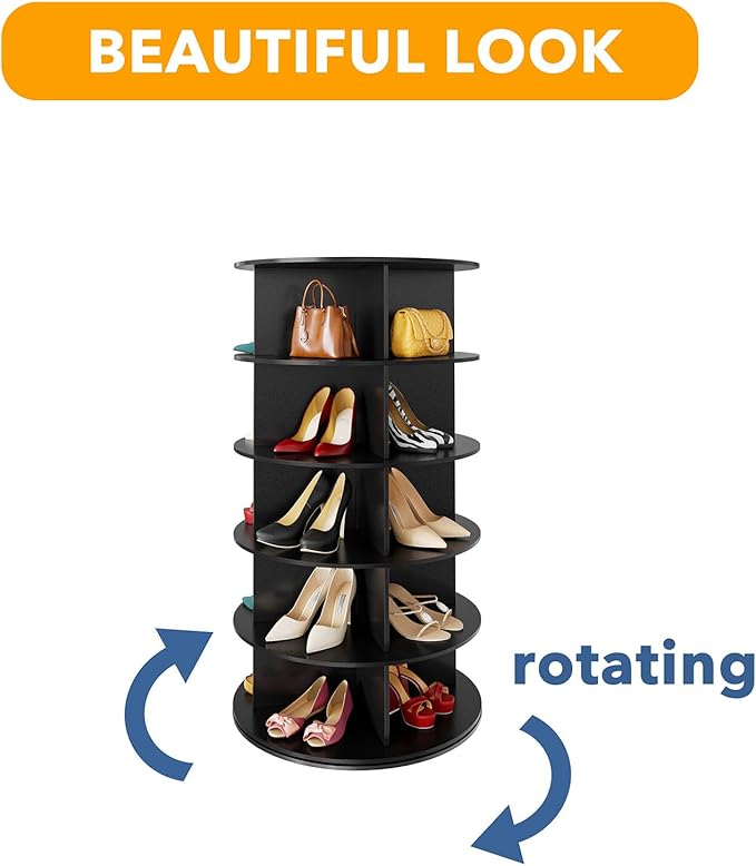 SpaceAid 5 Tier Rotating Shoe Rack Tower, Spinning Shoe Display Lazy Susan, Revolving 360 Shoe Rack Storage Round Carousel, Vertical Handbag Rotate Shoes Closet Organization (5-Tier Black)