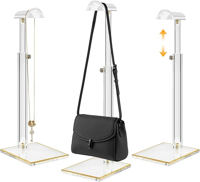 Acrylic Purse Stands for Display, 3 Pack 14" to 24" Adjustable Height Clear Purse Holder Stand, Counter Bags Hanging Organizer Handbag Rack for Closet Retail Vendor Commercial Store