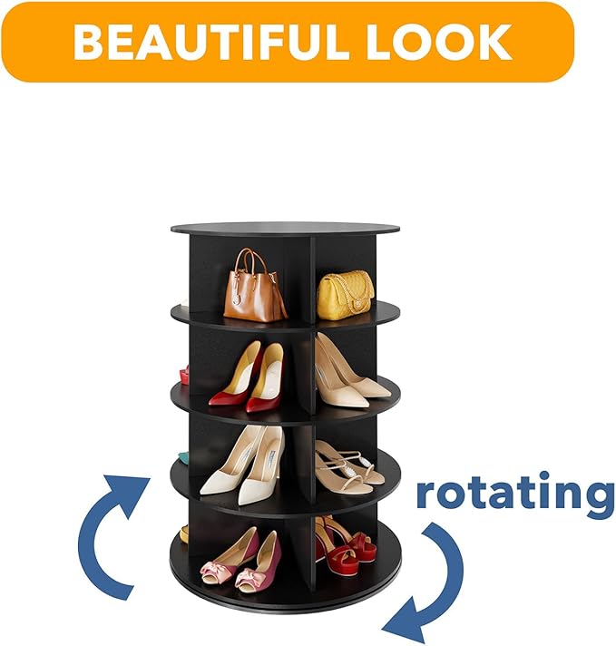 SpaceAid 4 Tier Rotating Shoe Rack Tower, Spinning Shoe Display Lazy Susan, Revolving 360 Shoe Rack Storage Round Carousel, Vertical Handbag Rotate Shoes Closet Organization (4-Tier Black)