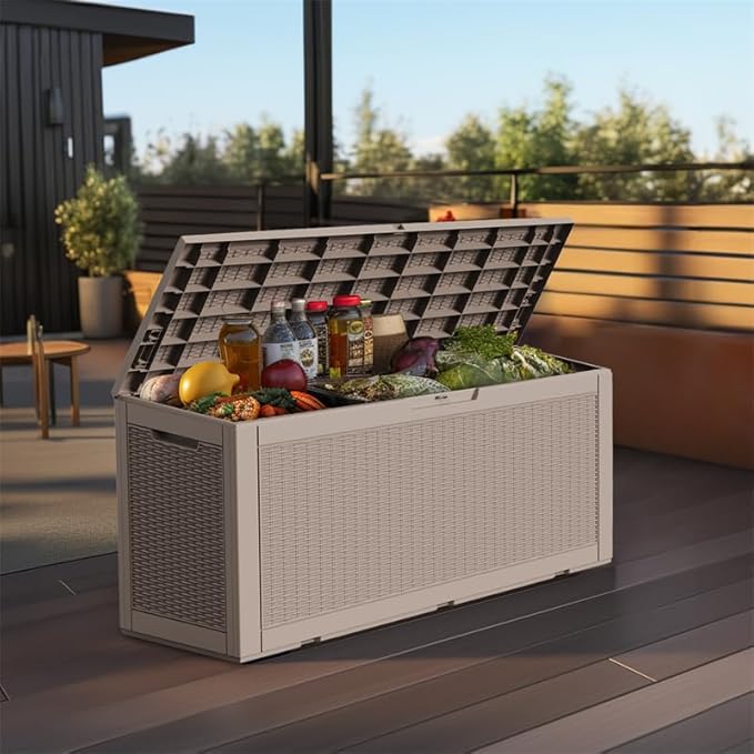 120 Gallon Outdoor Deck Box,Storage Lockable Waterproof Patio Furniture,Garden Tools,Cushions,Pool Accessories Outside Storage Resin Box(Grey)