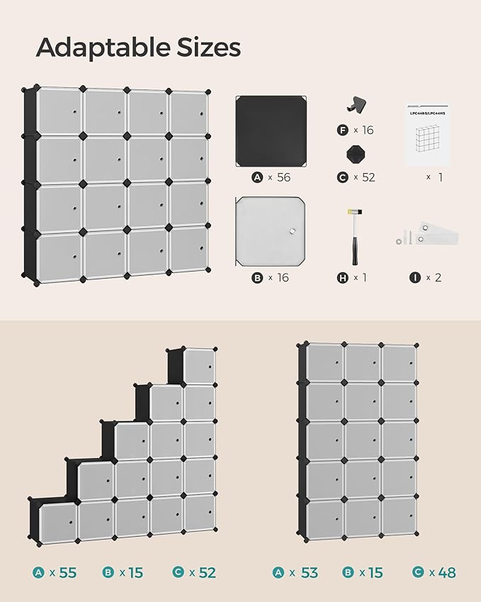 SONGMICS Cube Storage Organizer, Set of 16 Plastic Cubes, Closet Storage Shelves, DIY Plastic Closet Cabinet, Modular Bookcase, Shelving with Doors for Bedroom, Living Room, Black and White ULPC44HS