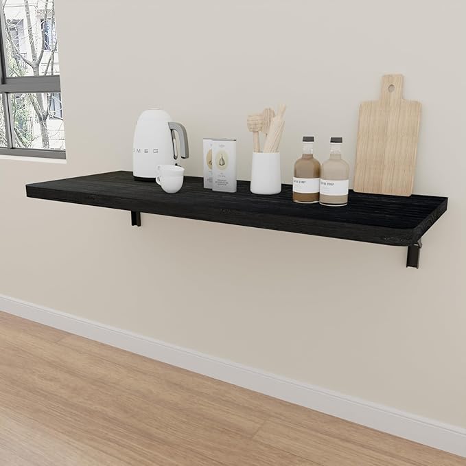 IAE Wall Mounted Folding Table with Pine Wood,36" x 14" Floating Wall Desk,Laundry Folding Table with Shelf Brackets,Fold Down Desk Shelf,Folding Workbench for Home,Dining,Laundry Room,Kitchen,Black